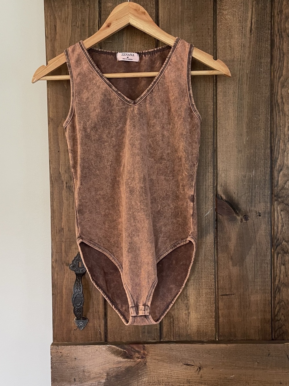 Zenana Brown Mineral Wash V Neck Bodysuit Medium